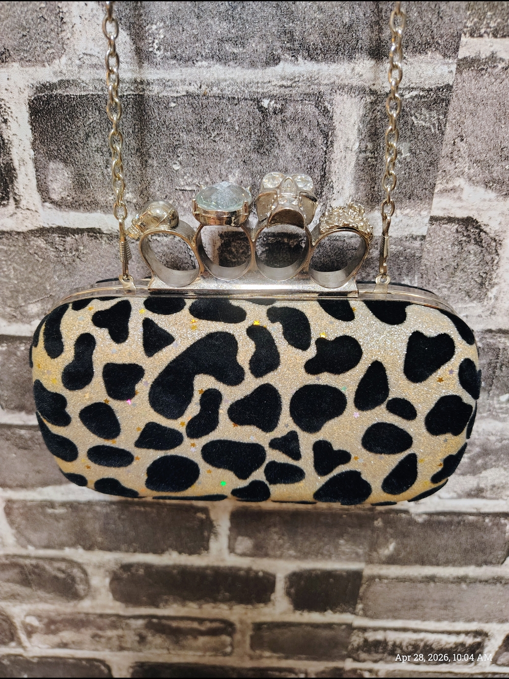 Glitter Leopard Print Brass Knuckle-Handle Clutch Bag